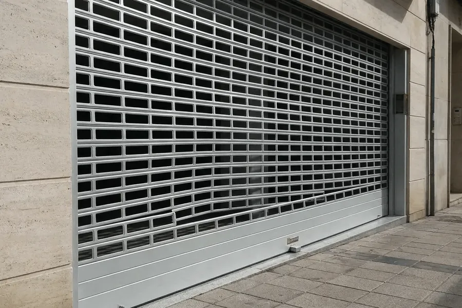 Cierre metálico enrejado en la fachada de un local comercial