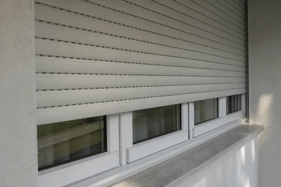 Detalle de las lamas de una persiana de aluminio sobre la ventana