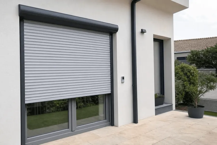 Persiana de aluminio gris de gran tamaño en una fachada moderna