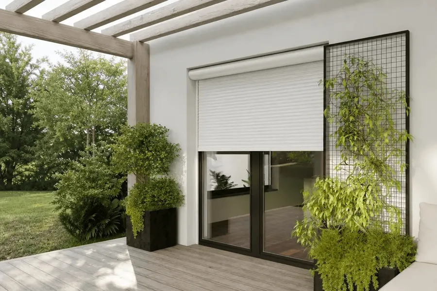 Persiana enrollable blanca en una terraza con pérgola