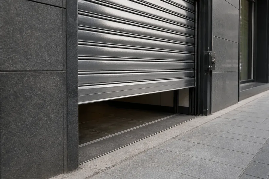 Puerta de garaje enrollable a medio abrir en un edificio